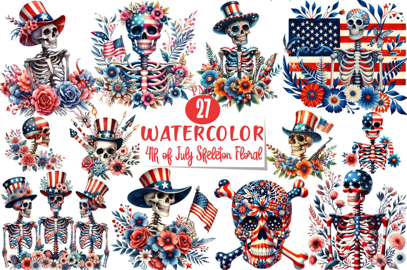 4th of July Skeleton Floral Clipart Bundle 2 - CraftNest - Digital Crafting and Art