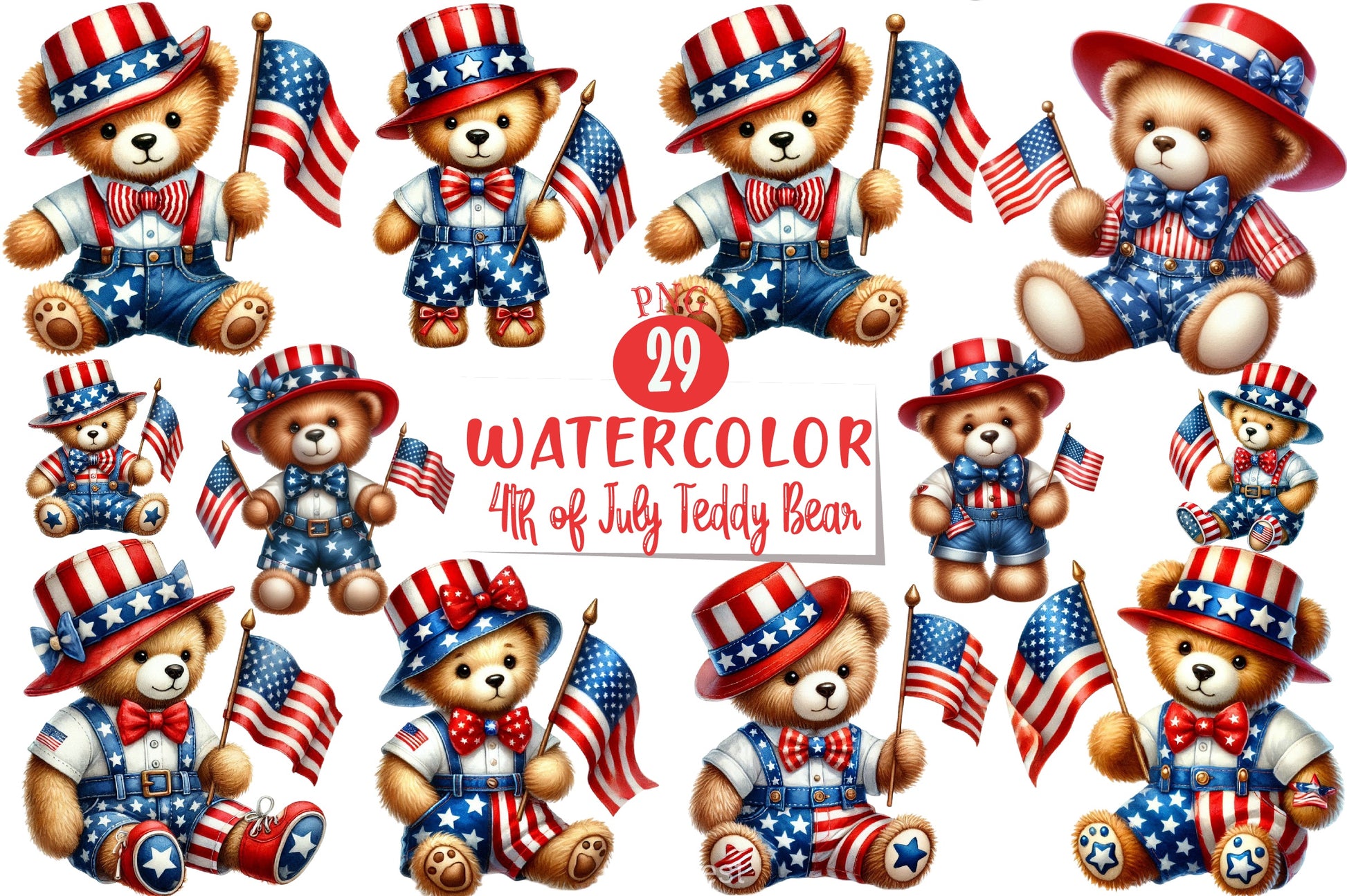 Patriotic 4th of July Teddy Bear Clipart Bundle 1 - CraftNest - Digital Crafting and Art