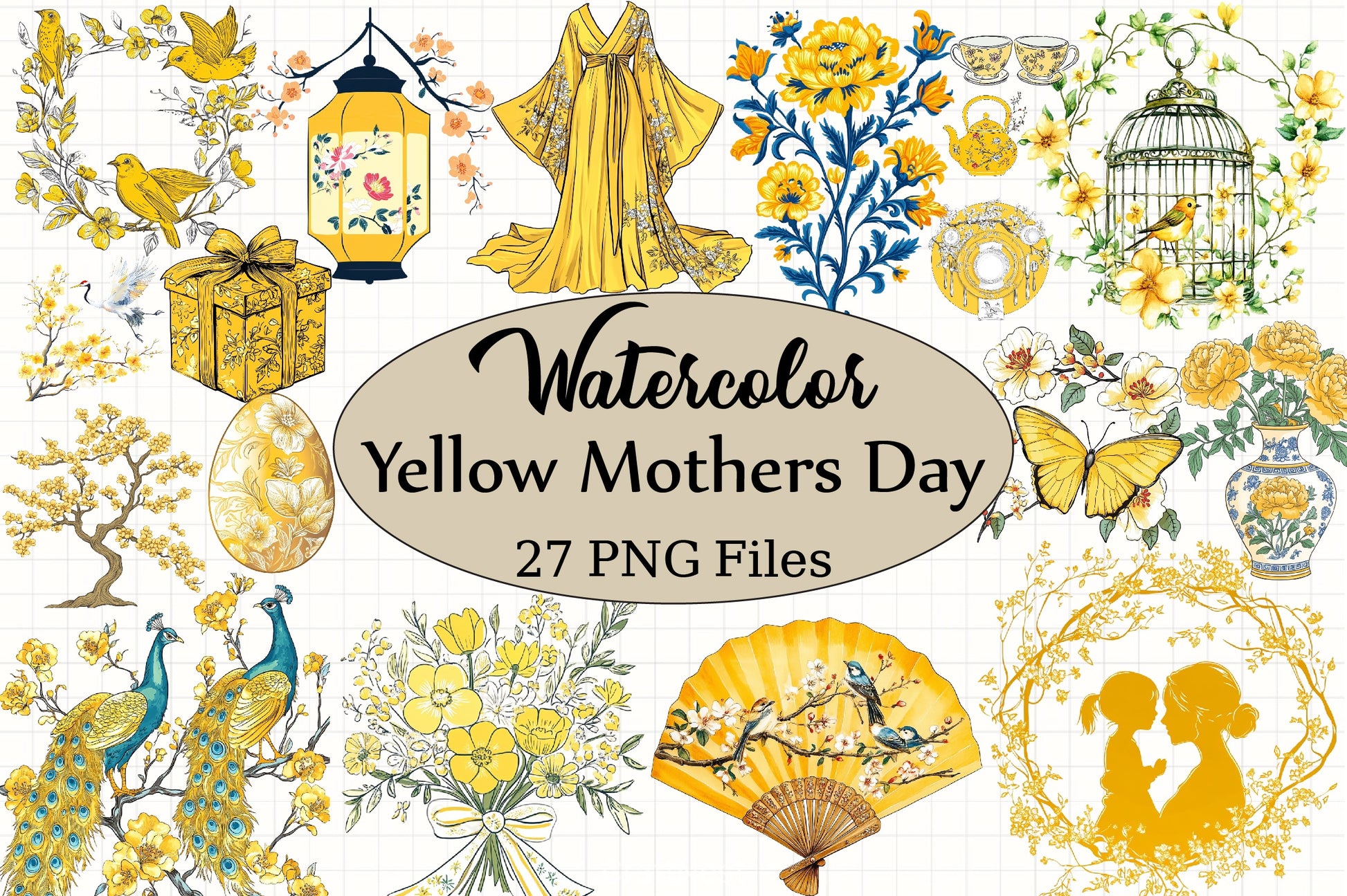 Yellow Chinoiserie Mother's Day Clipart Bundle - CraftNest - Digital Crafting and Art