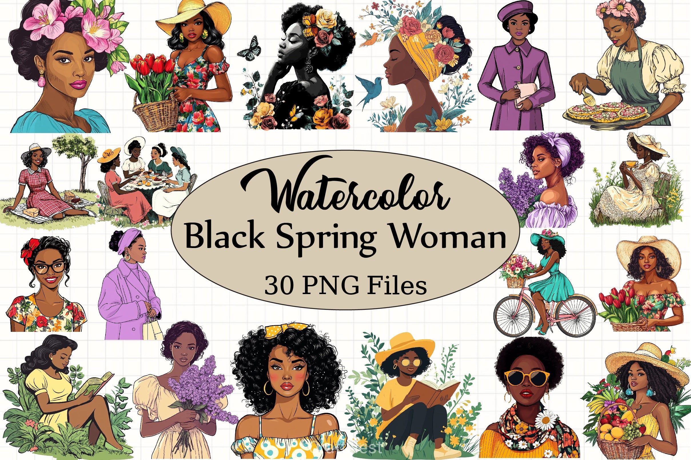 Black Spring Vintage Woman Clipart Bundle - CraftNest - Digital Crafting and Art
