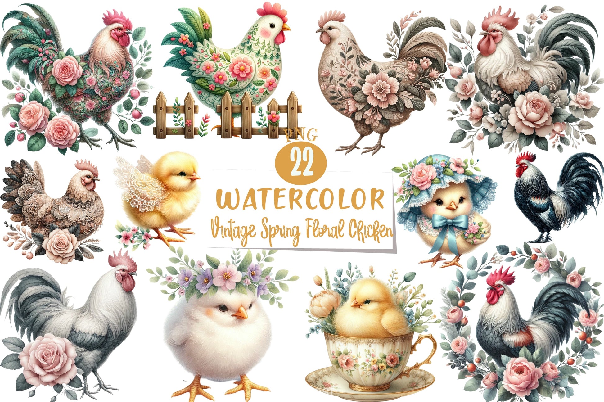 Vintage Spring Floral Chicken Clipart Bundle 3 - CraftNest - Digital Crafting and Art