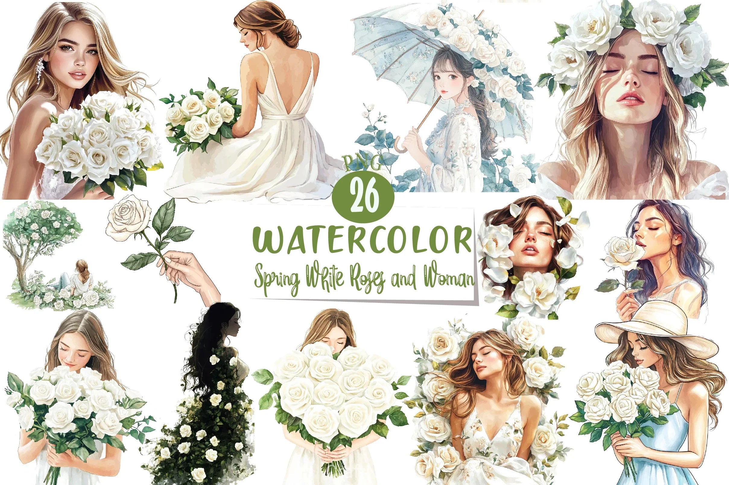 Spring White Roses & Woman Clipart Bundle - CraftNest - Digital Crafting and Art