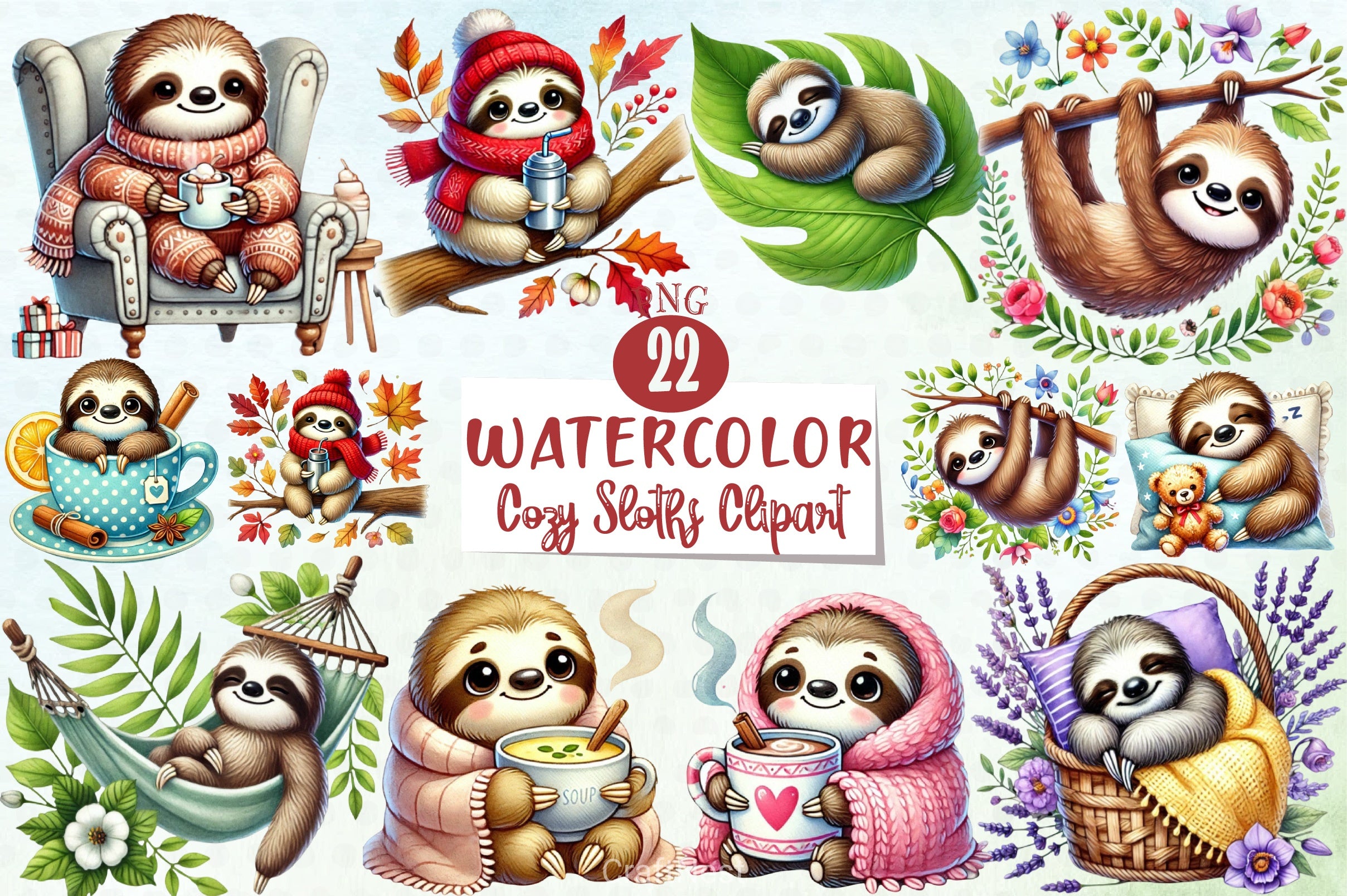 Cozy Sloths Clipart Bundle - CraftNest - Digital Crafting and Art