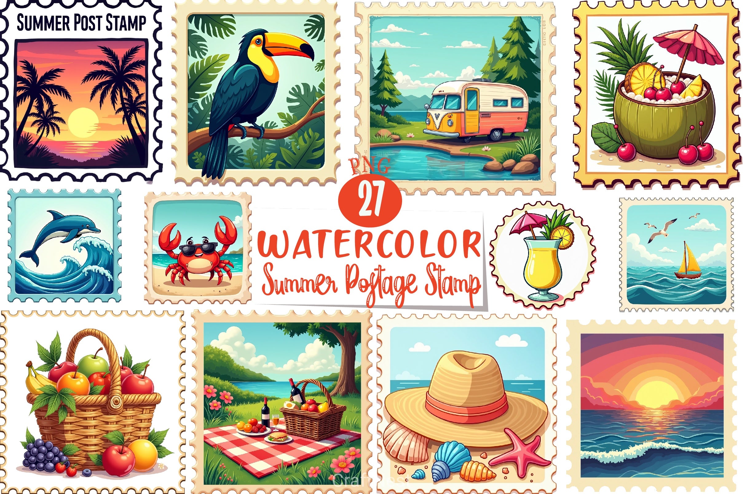 Summer Postage Stamp Clipart Bundle - CraftNest - Digital Crafting and Art