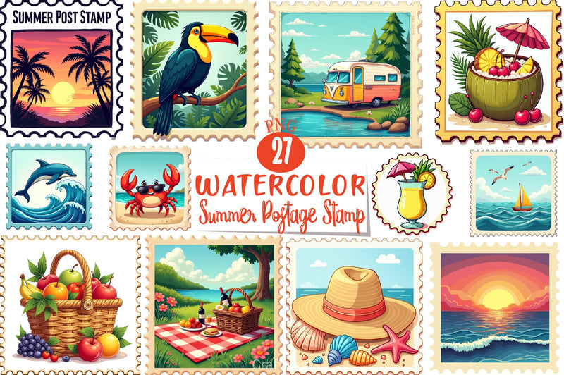 Summer Postage Stamp Clipart Bundle - CraftNest - Digital Crafting and Art