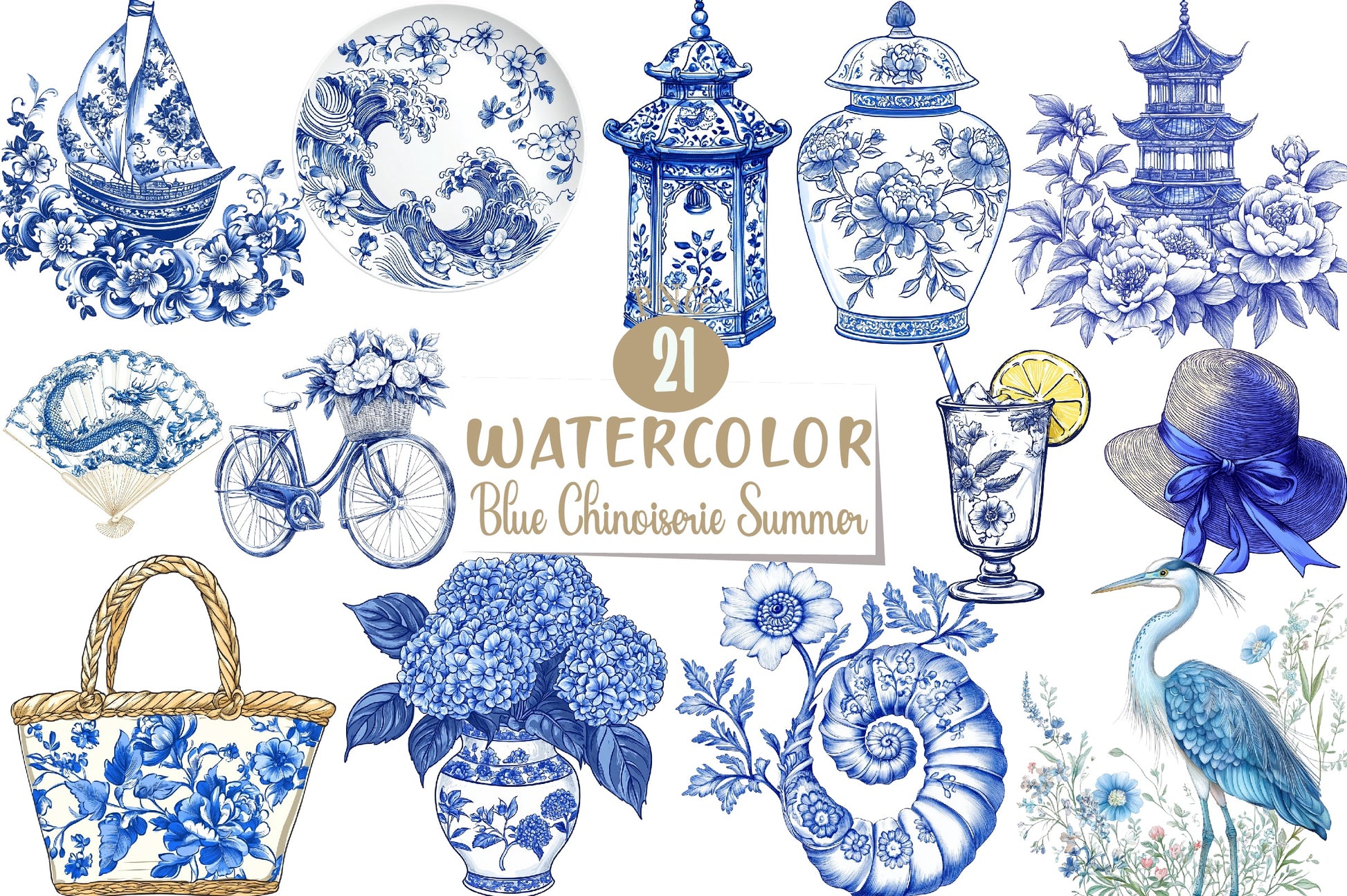 Blue Chinoiserie Summer Clipart Bundle 22 - CraftNest - Digital Crafting and Art