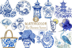 Blue Chinoiserie Summer Clipart Bundle 22 - CraftNest - Digital Crafting and Art