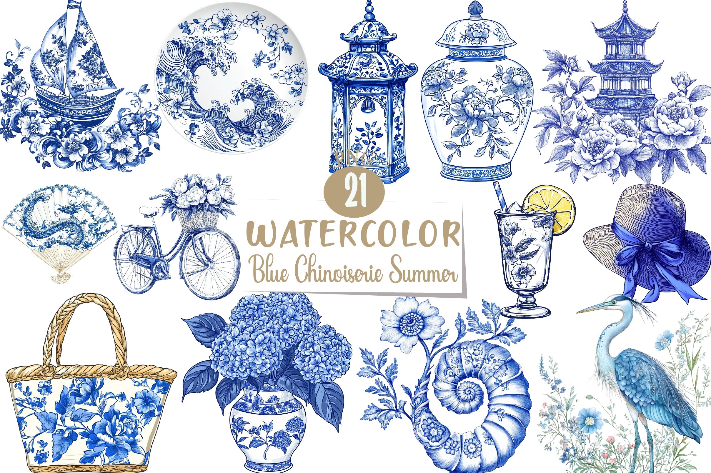 Blue Chinoiserie Summer Clipart Bundle 22 - CraftNest - Digital Crafting and Art