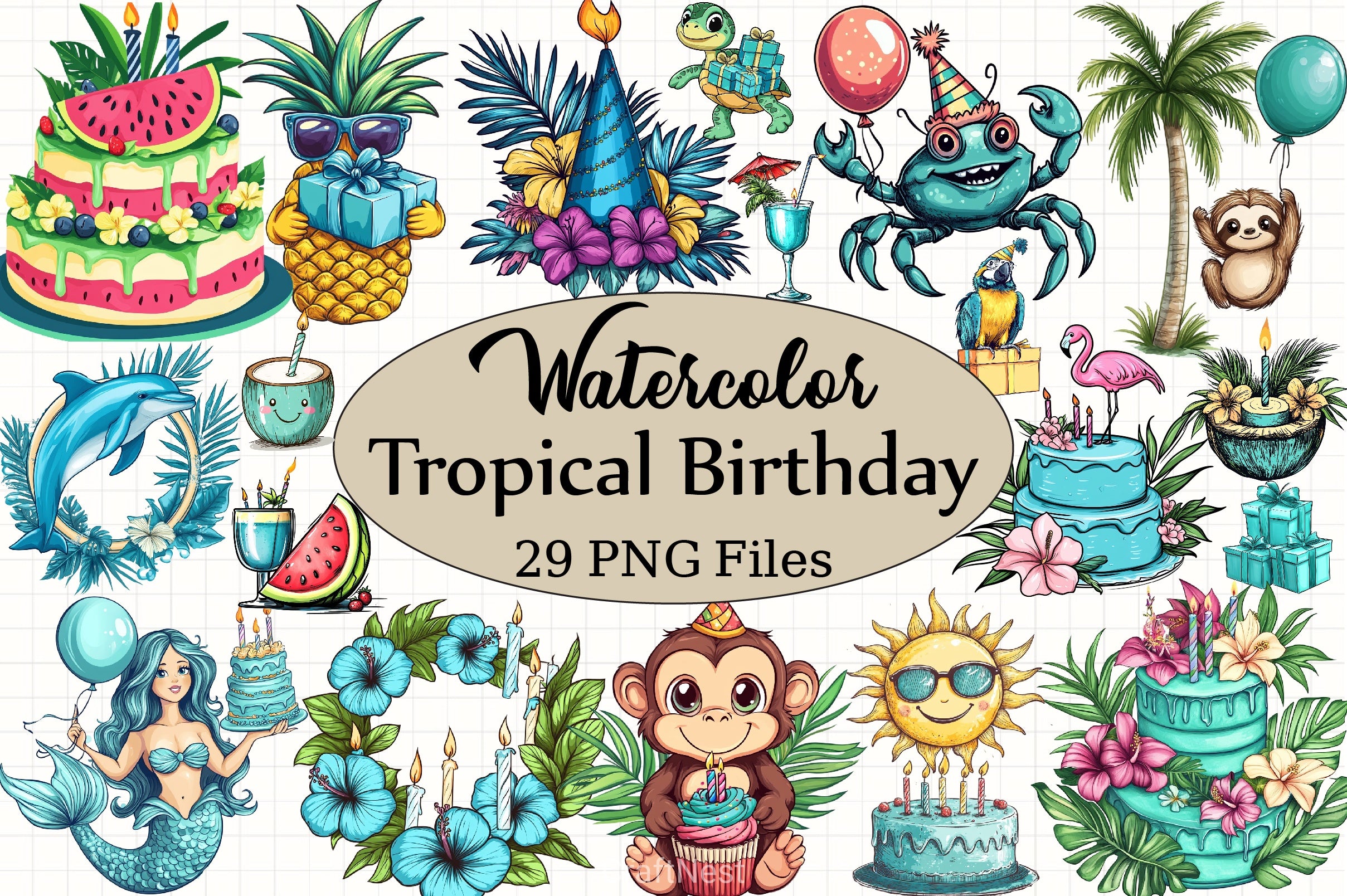 Tropical Turquoise Birthday Clipart Bundle - CraftNest - Digital Crafting and Art