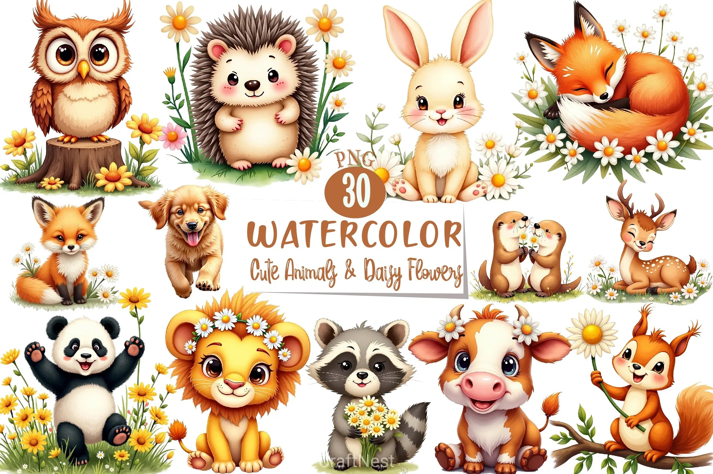 Cute Animals & Daisy Flowers Clipart Bundle - CraftNest - Digital Crafting and Art
