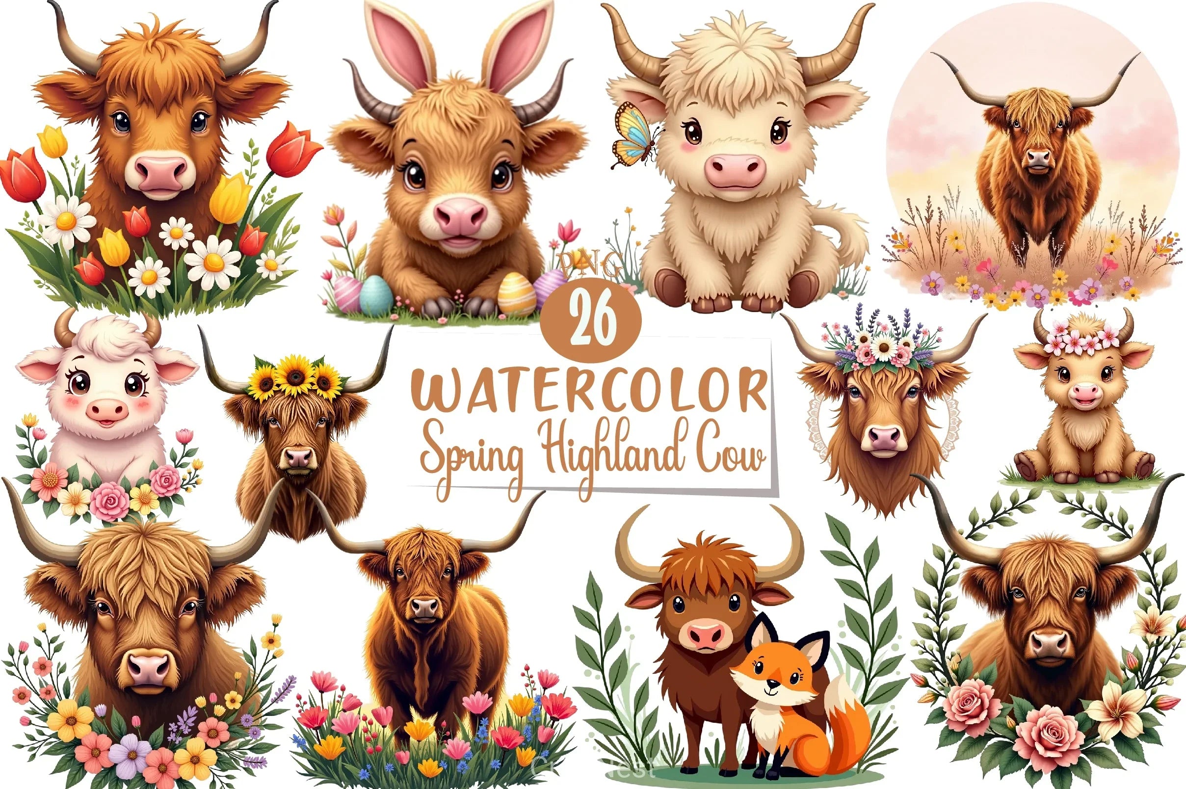 Spring Highland Cow Clipart Bundle - CraftNest - Digital Crafting and Art