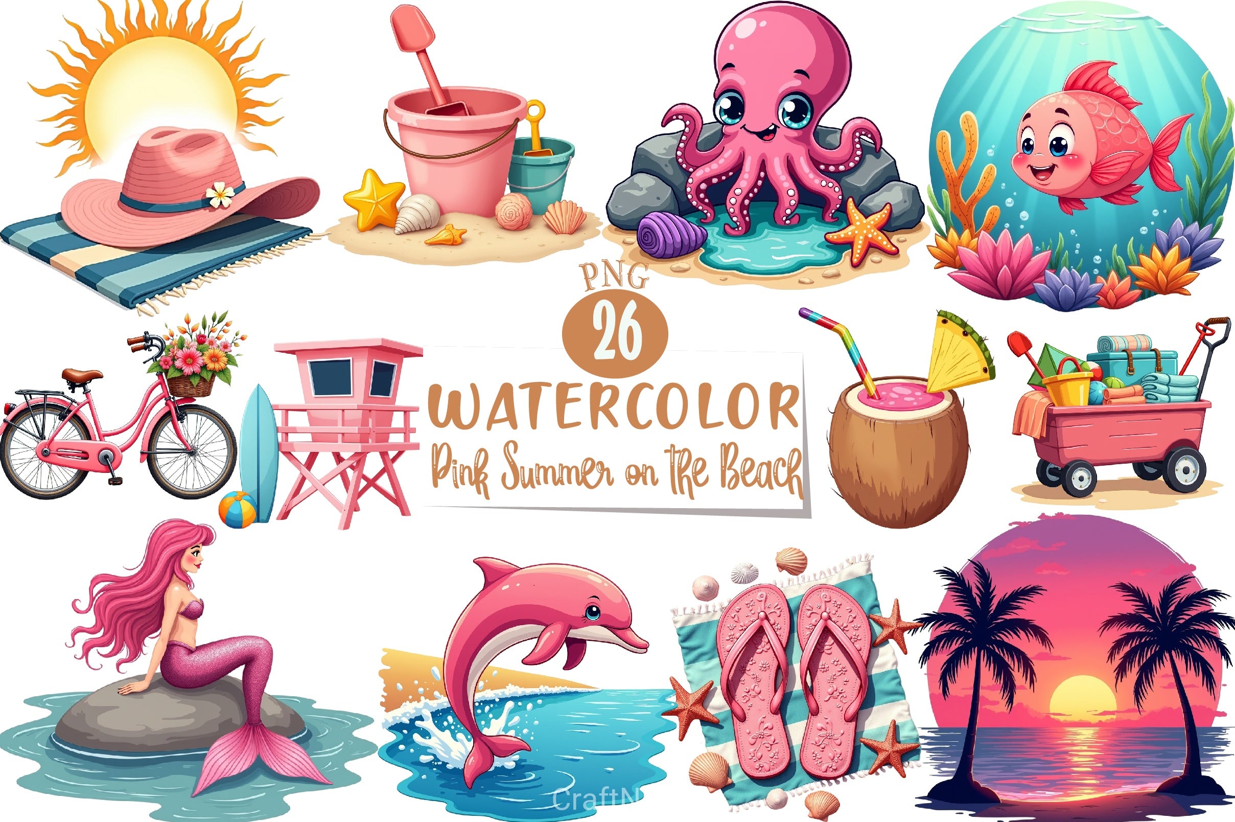 Pink Beach Summer Clipart Bundle - CraftNest - Digital Crafting and Art
