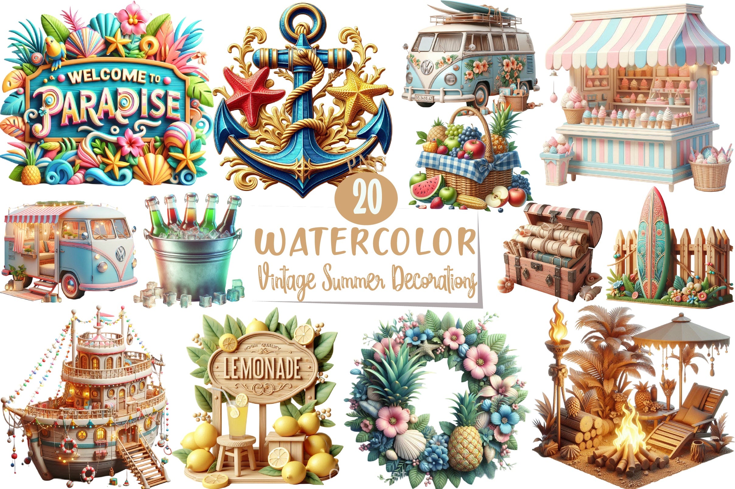 Vintage Summer Clipart Bundle - CraftNest - Digital Crafting and Art