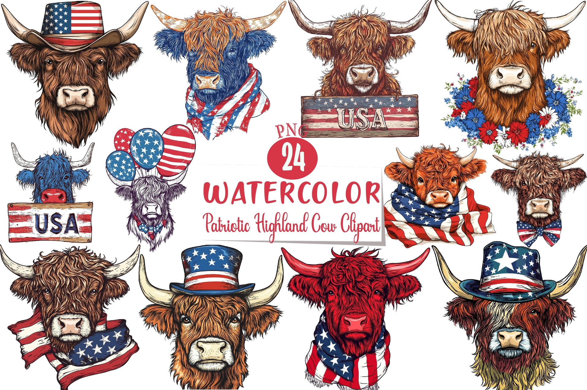 Patriotic Highland Cow Clipart Bundle 7 - CraftNest - Digital Crafting and Art
