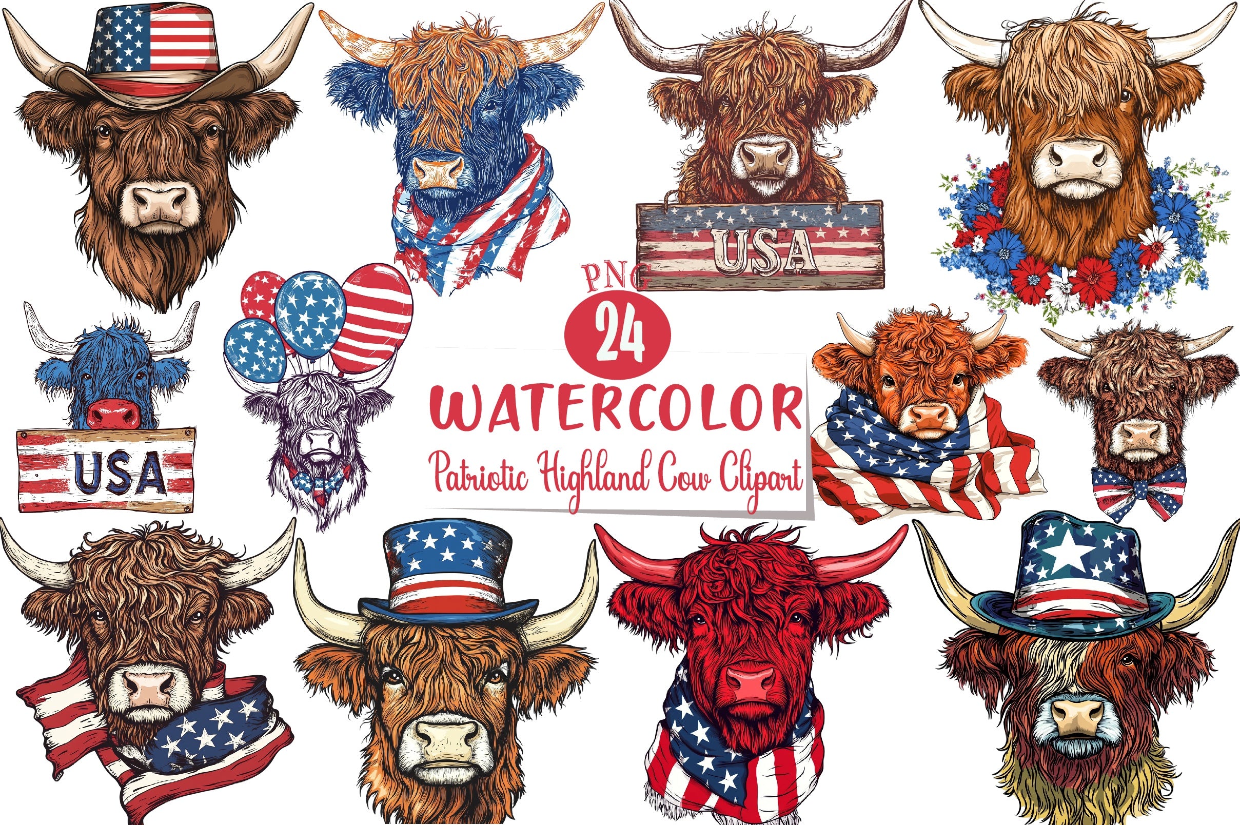 Patriotic Highland Cow Clipart Bundle 7 - CraftNest - Digital Crafting and Art
