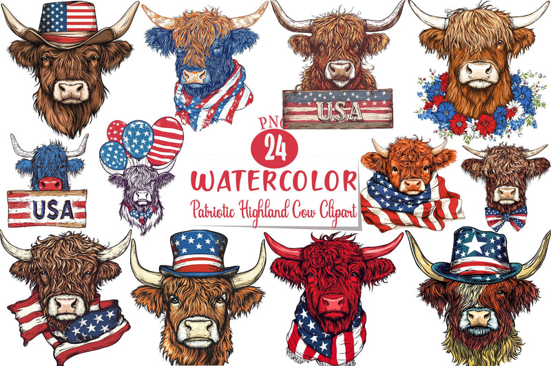 Patriotic Highland Cow Clipart Bundle 7 - CraftNest - Digital Crafting and Art