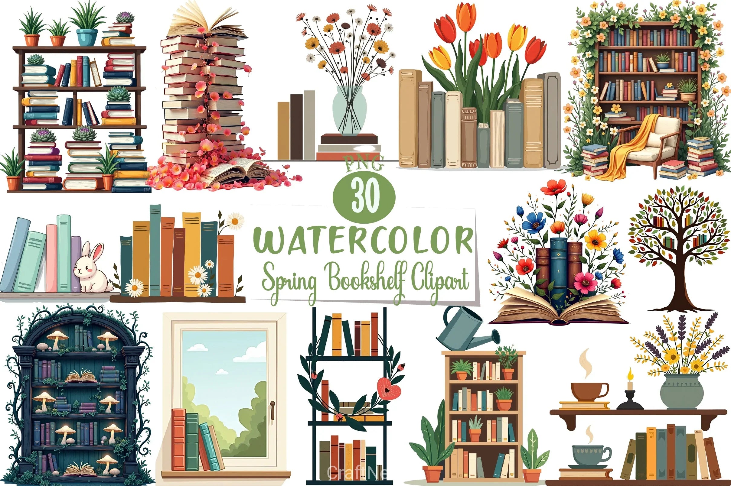 Spring Color Bookshelf Spring Bookshelf Clipart Bundle
