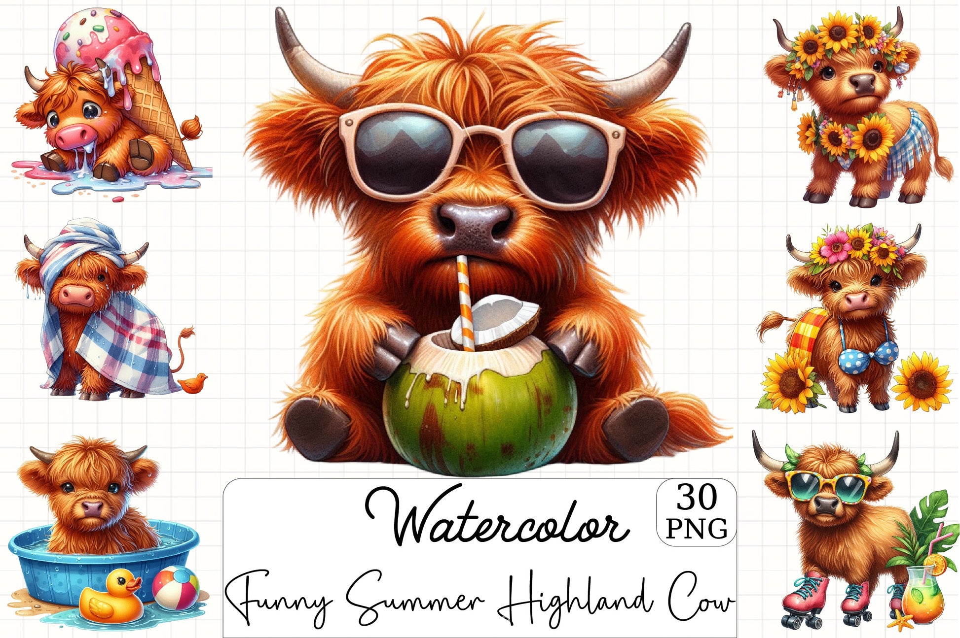 Funny Summer Highland Cow Clipart Bundle - CraftNest - Digital Crafting and Art