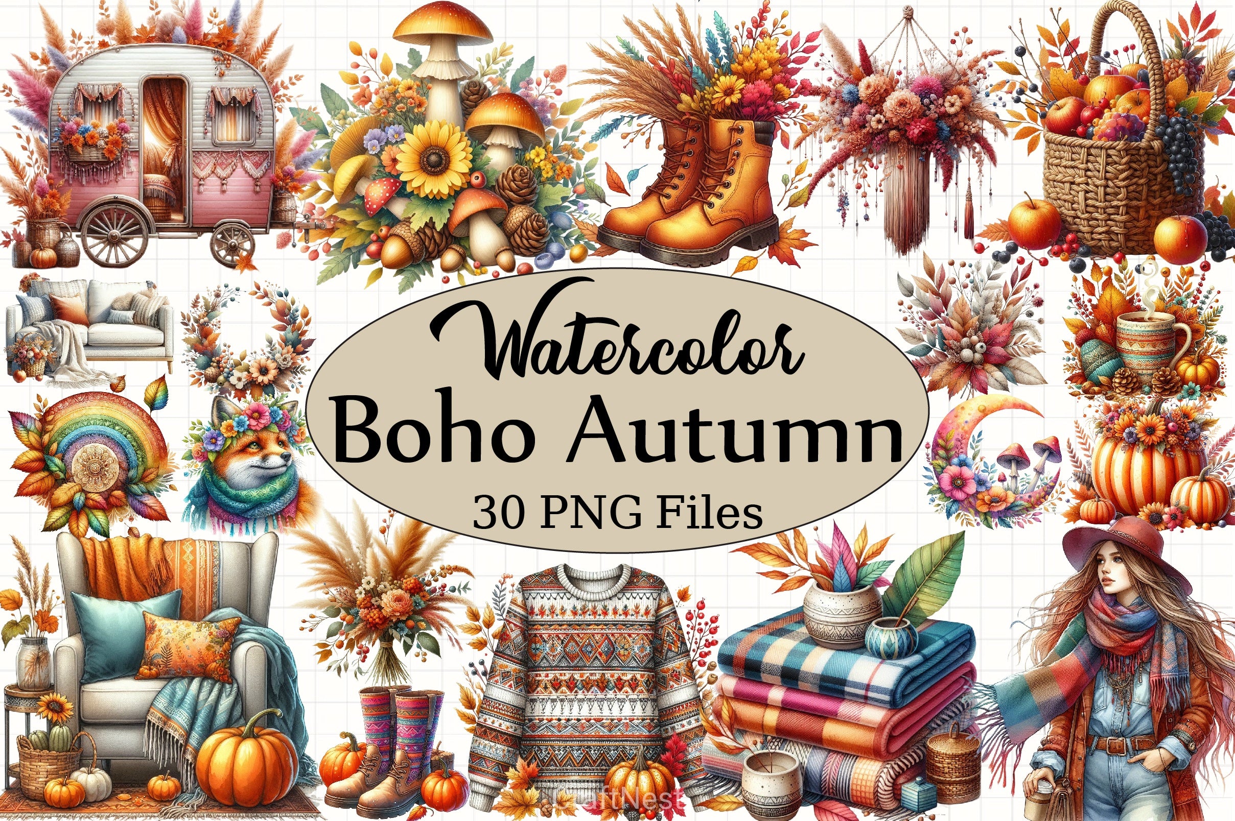 Boho Autumn Clipart Bundle - CraftNest - Digital Crafting and Art