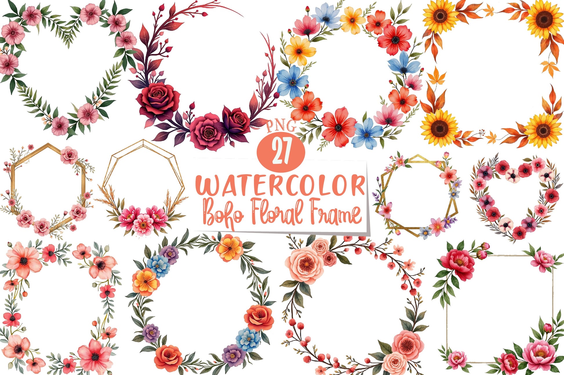 Boho Floral Frame Clipart Bundle - CraftNest - Digital Crafting and Art