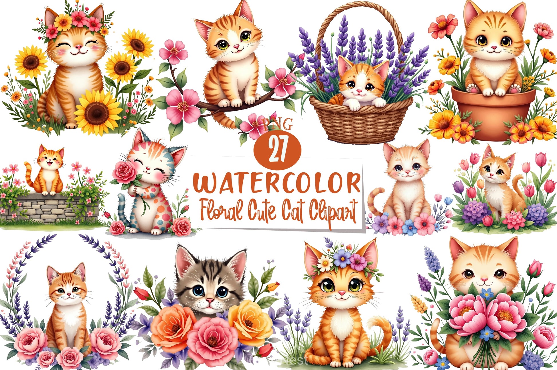 Floral Cat Clipart Bundle 2 - CraftNest - Digital Crafting and Art