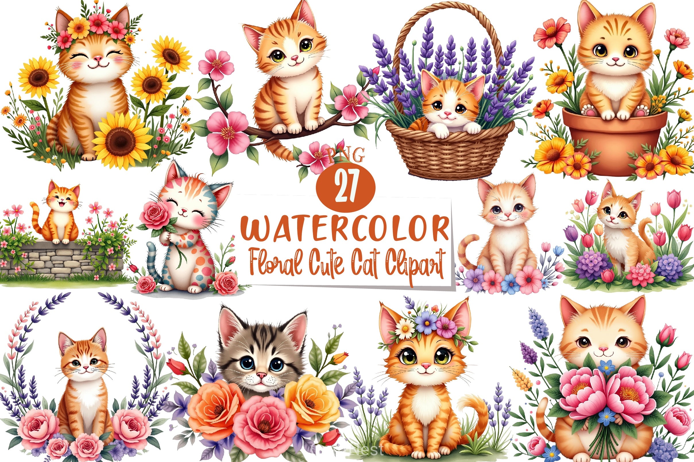 Floral Cat Clipart Bundle 2 - CraftNest - Digital Crafting and Art