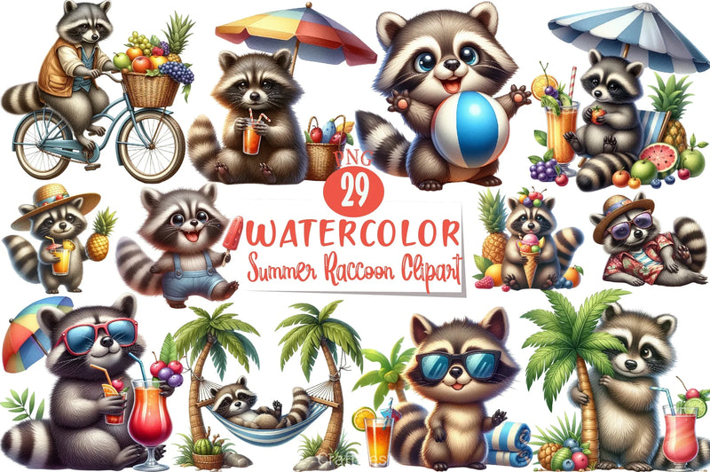 Summer Raccoon Clipart Bundle - CraftNest - Digital Crafting and Art
