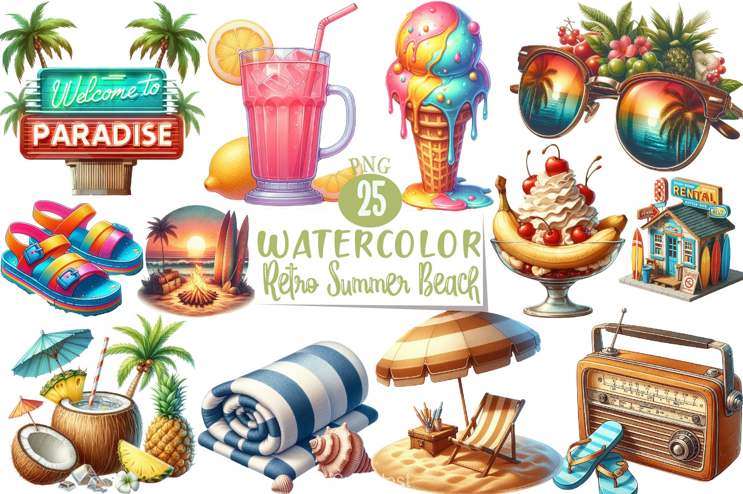 Retro Summer Beach Clipart Bundle - CraftNest - Digital Crafting and Art