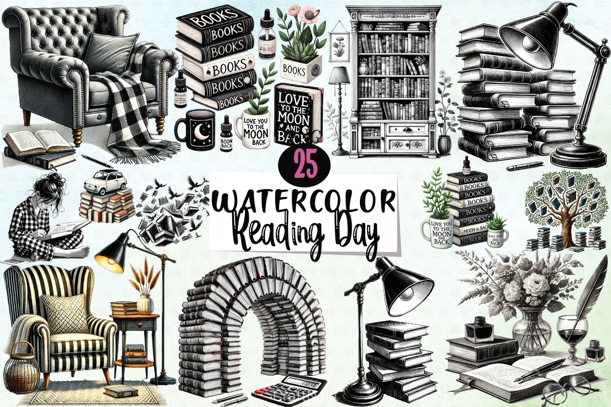 Black & White Reading Day Clipart Bundle - CraftNest - Digital Crafting and Art