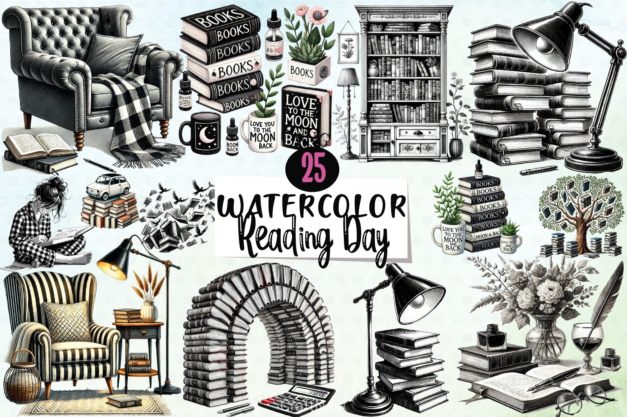 Black & White Reading Day Clipart Bundle - CraftNest - Digital Crafting and Art