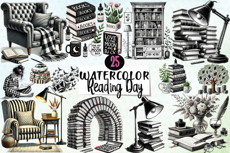 Black & White Reading Day Clipart Bundle - CraftNest - Digital Crafting and Art