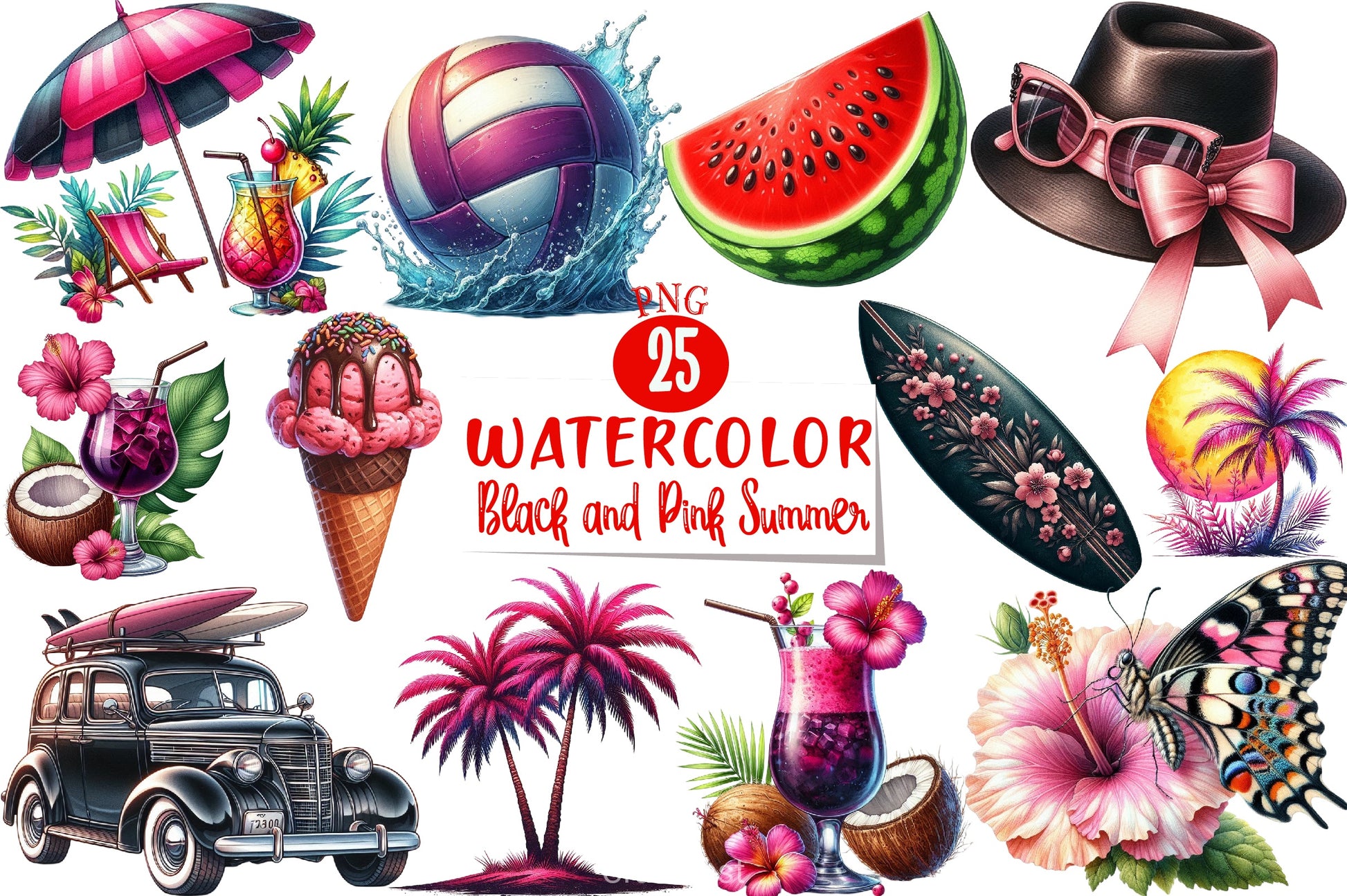Black & Pink Summer Clipart Bundle 1 - CraftNest - Digital Crafting and Art