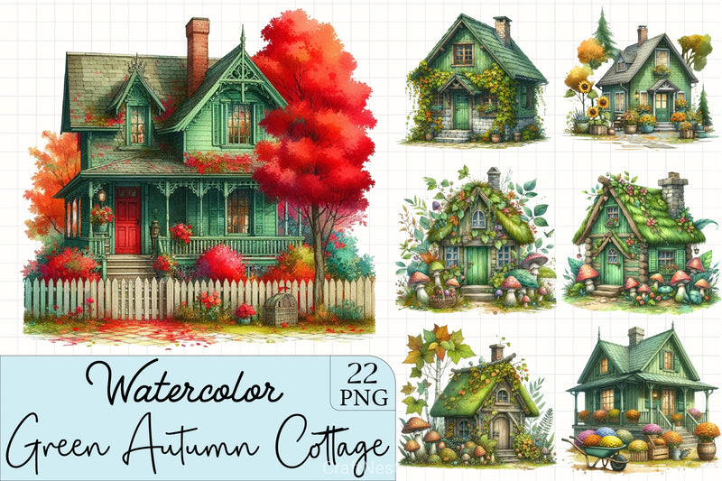 Green Autumn Cottage Clipart Bundle - CraftNest - Digital Crafting and Art