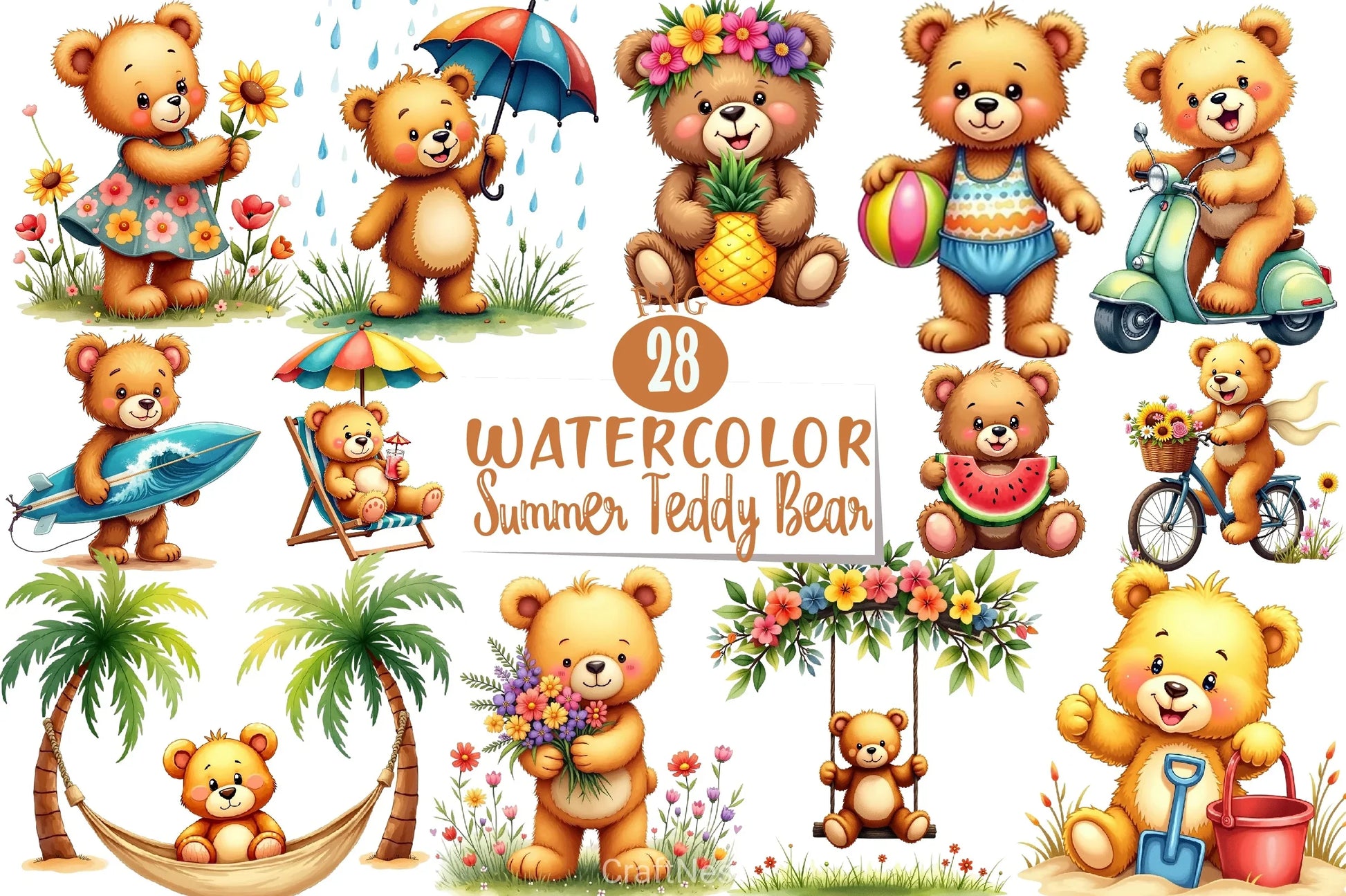 Summer Teddy Bear Clipart Bundle 2 - CraftNest - Digital Crafting and Art