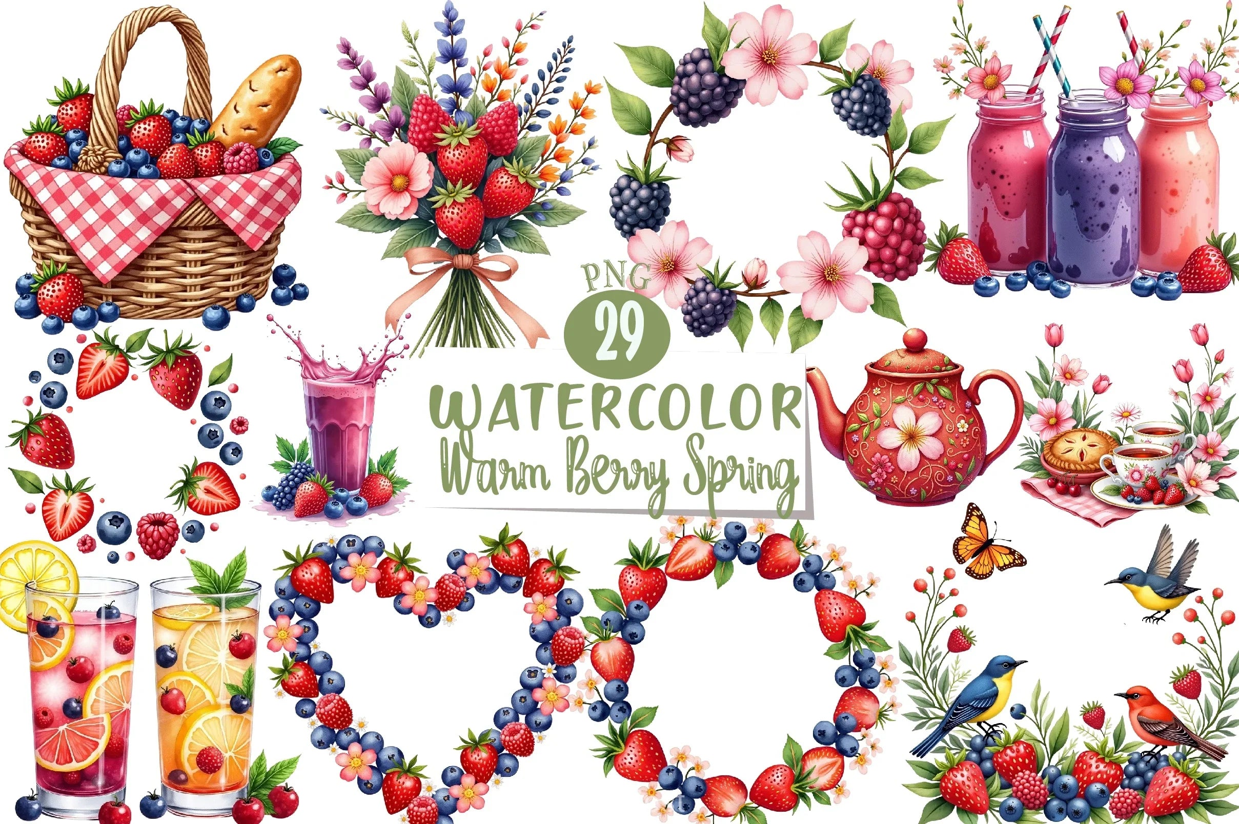 Warm Berry Spring Clipart Bundle