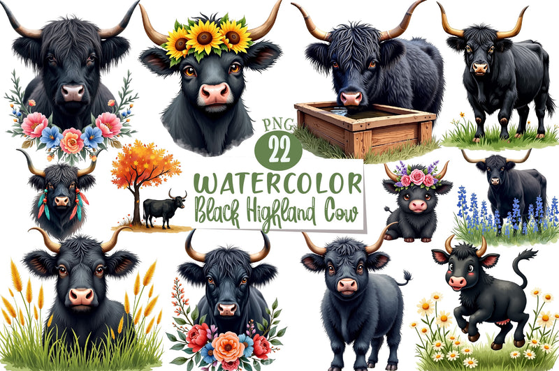 Black Highland Cow Clipart Bundle - CraftNest - Digital Crafting and Art