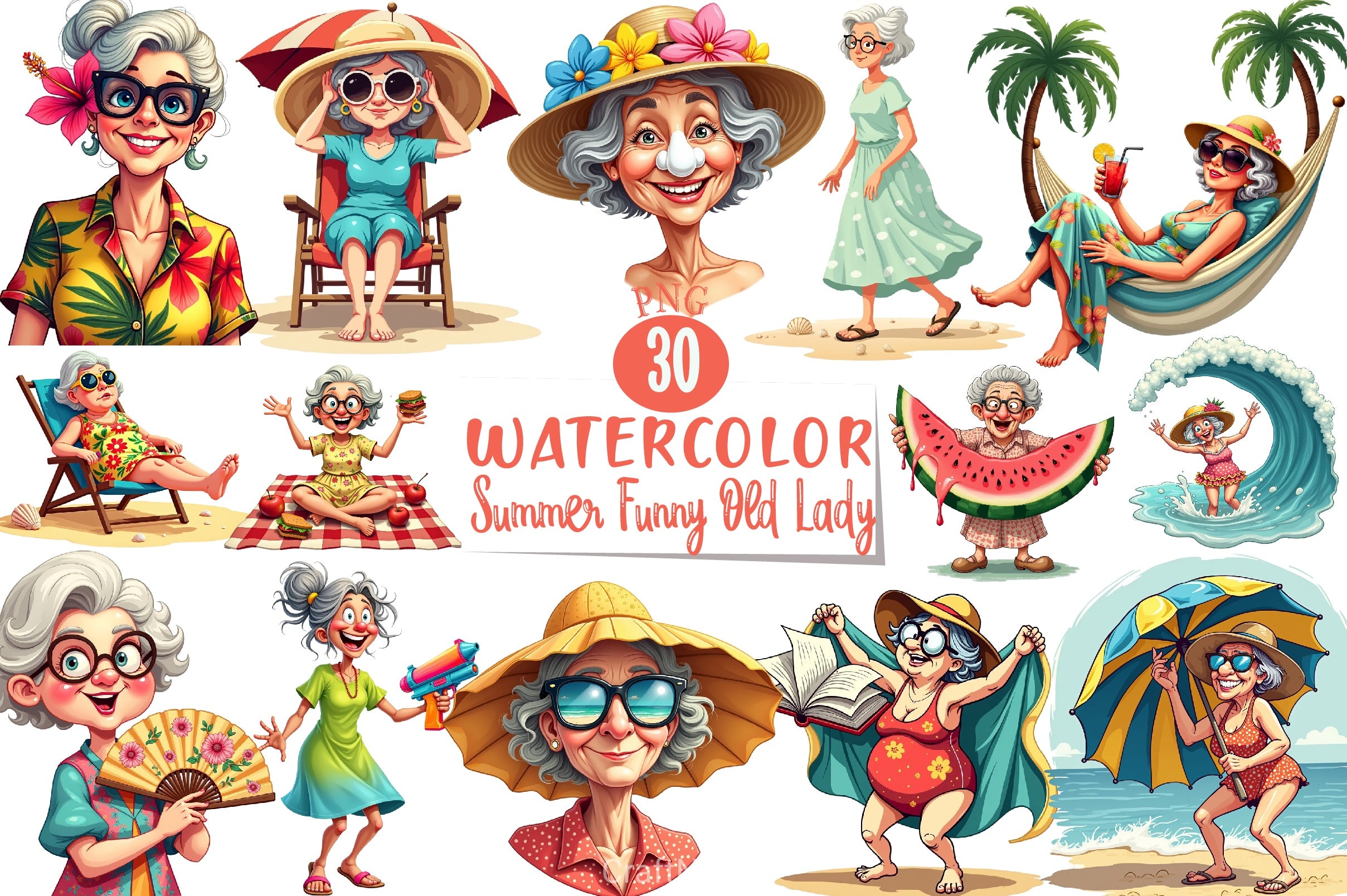 Summer Funny Old Lady Clipart Bundle - CraftNest - Digital Crafting and Art