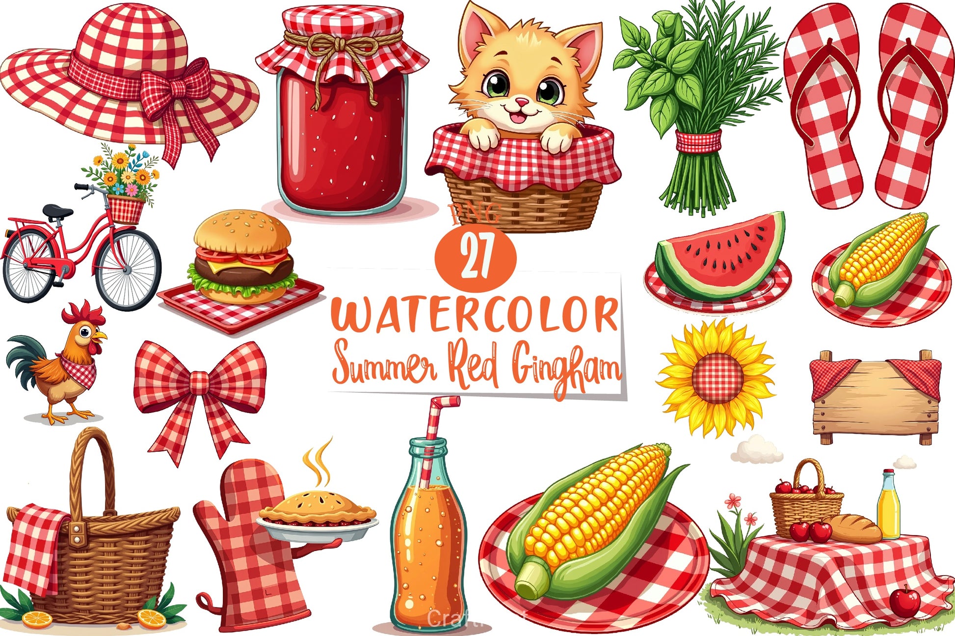 Summer Red Gingham Clipart Bundle - CraftNest - Digital Crafting and Art