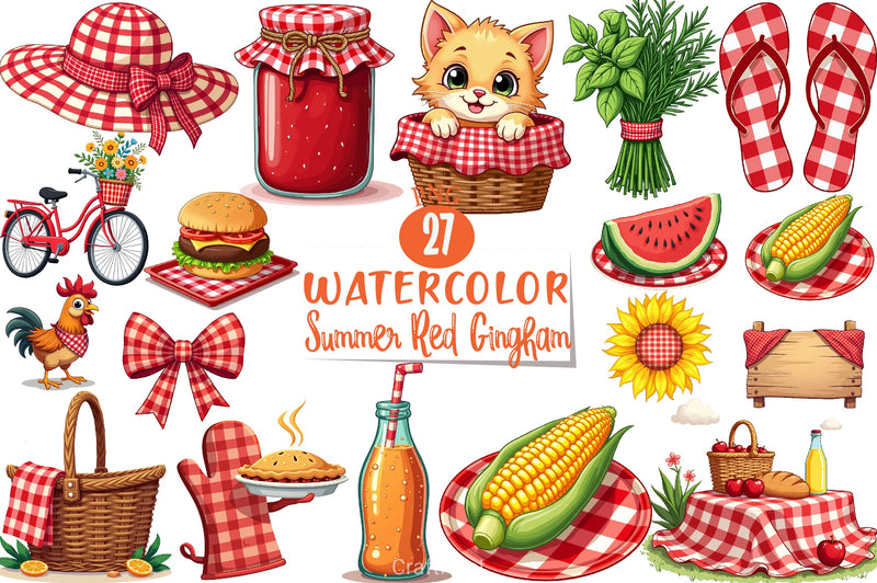 Summer Red Gingham Clipart Bundle - CraftNest - Digital Crafting and Art