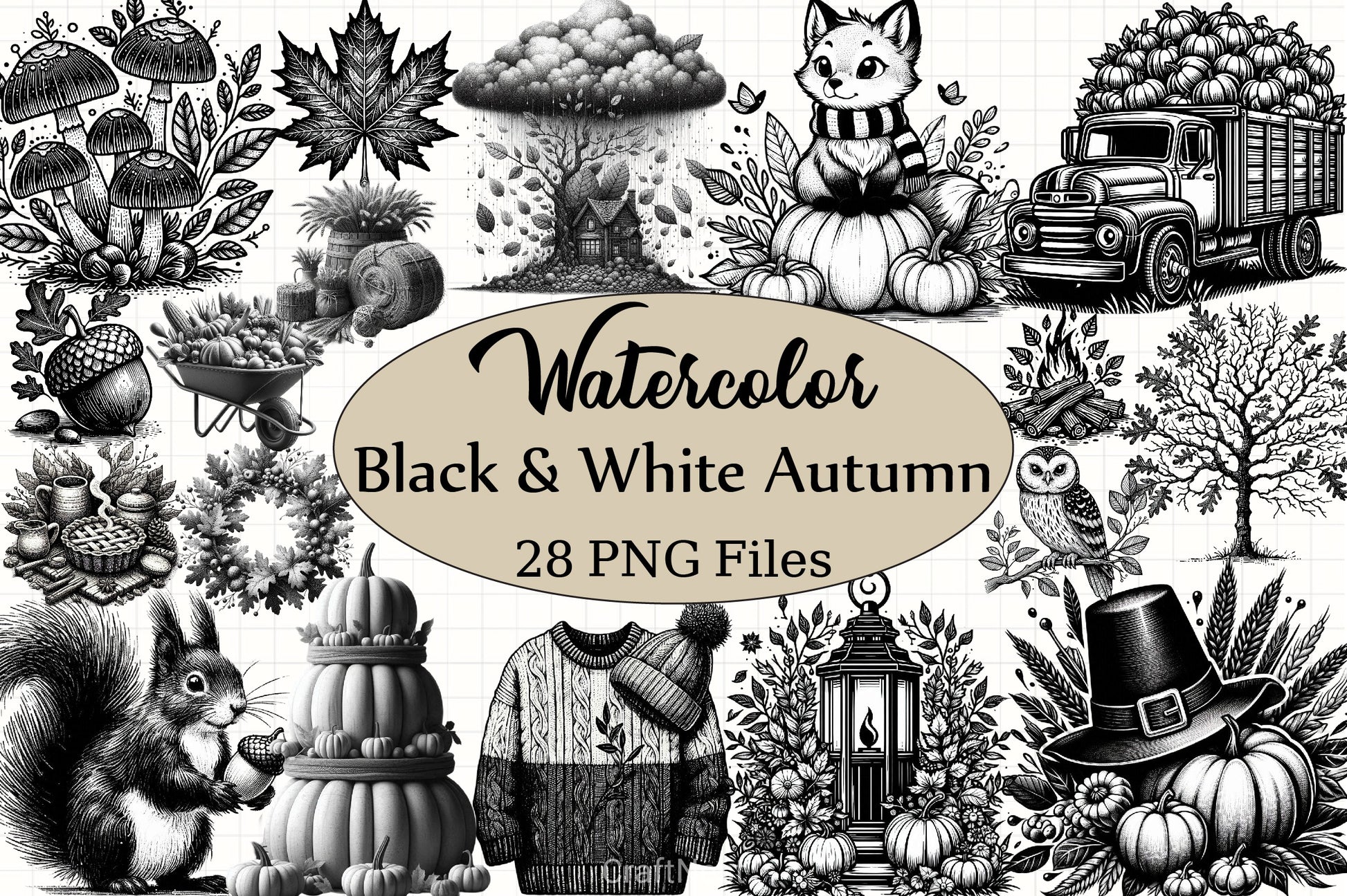 Black & White Autumn Clipart Bundle 5 - CraftNest - Digital Crafting and Art