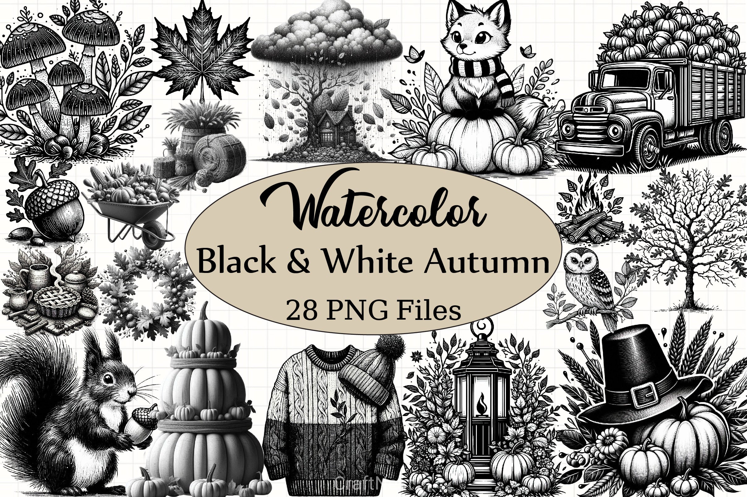 Black & White Autumn Clipart Bundle 5 - CraftNest - Digital Crafting and Art
