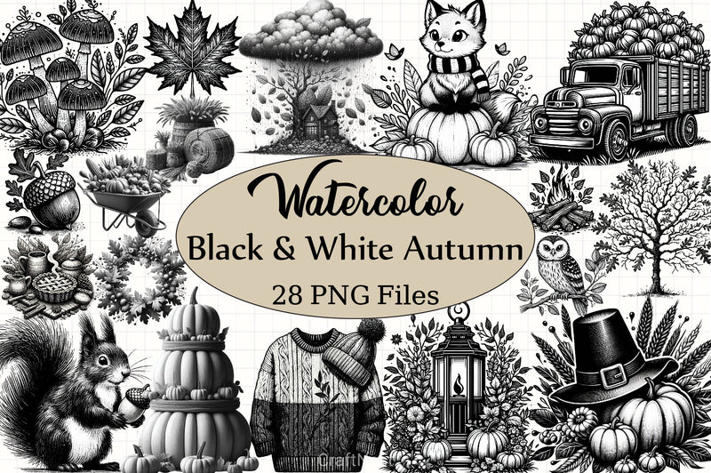 Black & White Autumn Clipart Bundle 5 - CraftNest - Digital Crafting and Art