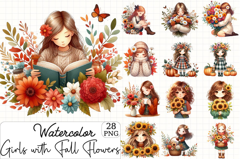 Girls Fall Flowers Clipart Bundle - CraftNest - Digital Crafting and Art