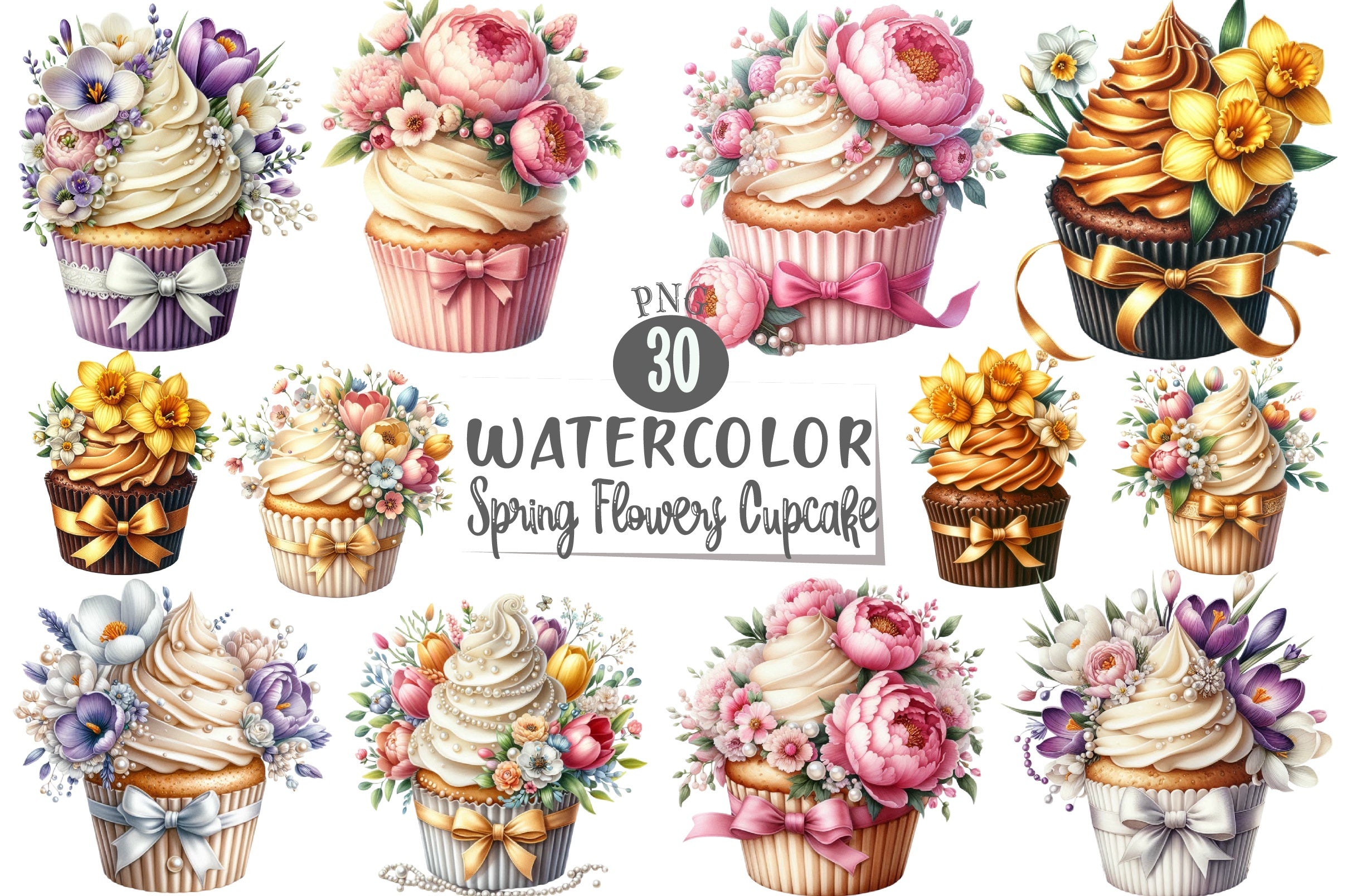 Spring Flowers Cupcake Clipart Bundle - CraftNest - Digital Crafting and Art