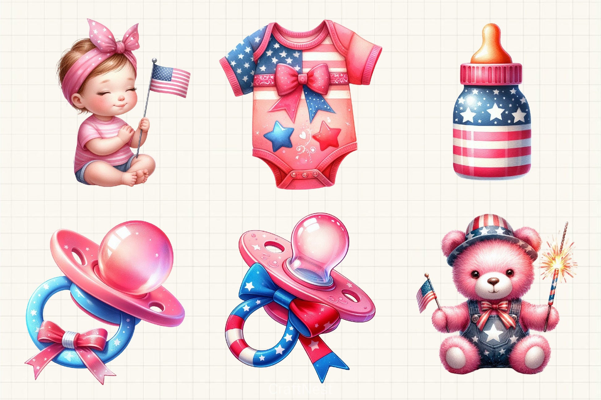 4th of July Pink Baby Nursery Clipart Bundle - CraftNest - Digital Crafting and Art