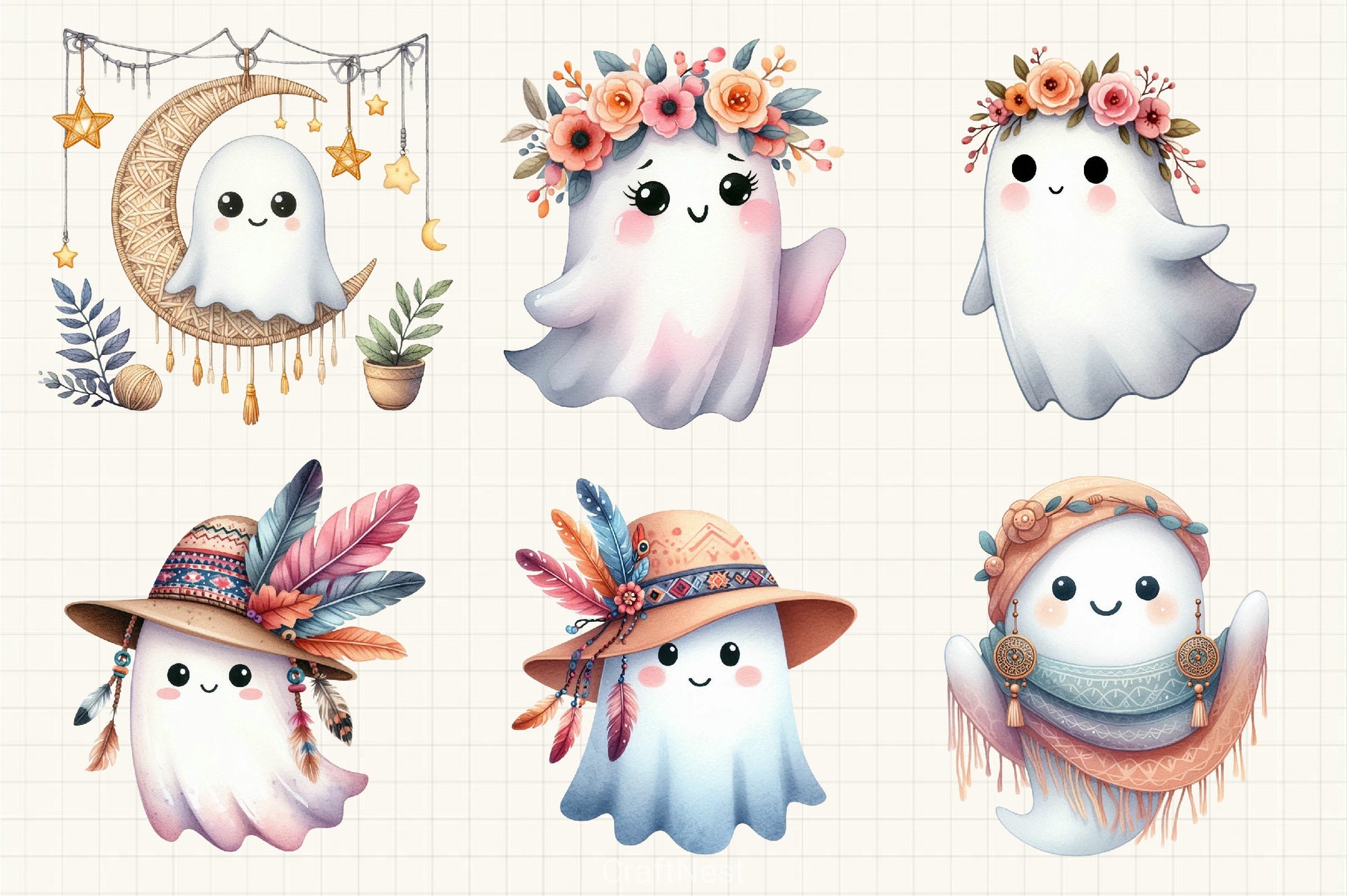 Boho Halloween Ghost Clipart Bundle - CraftNest - Digital Crafting and Art