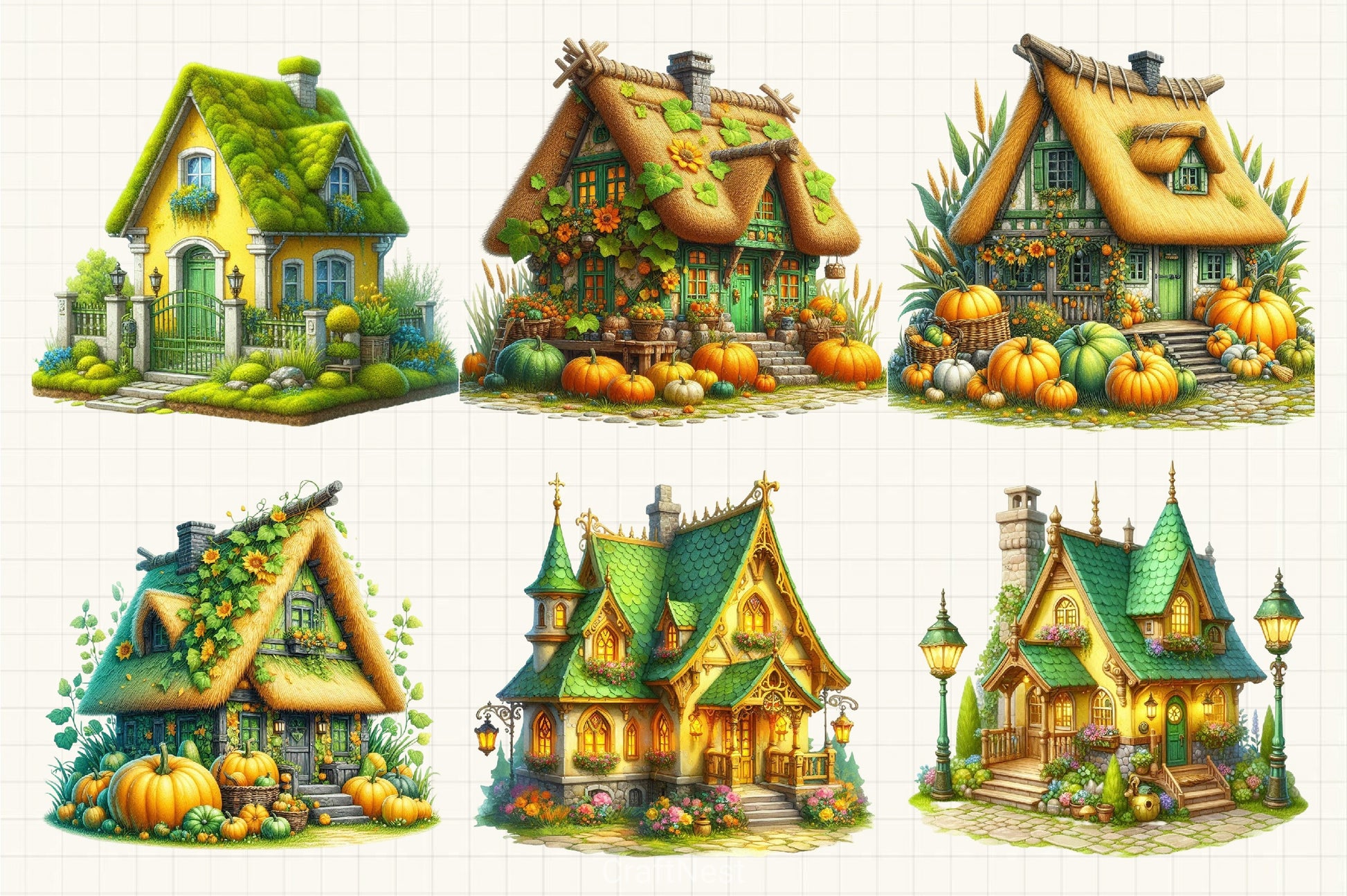 Yellow Green Autumn Village House Clipart Bundle - CraftNest - Digital Crafting and Art