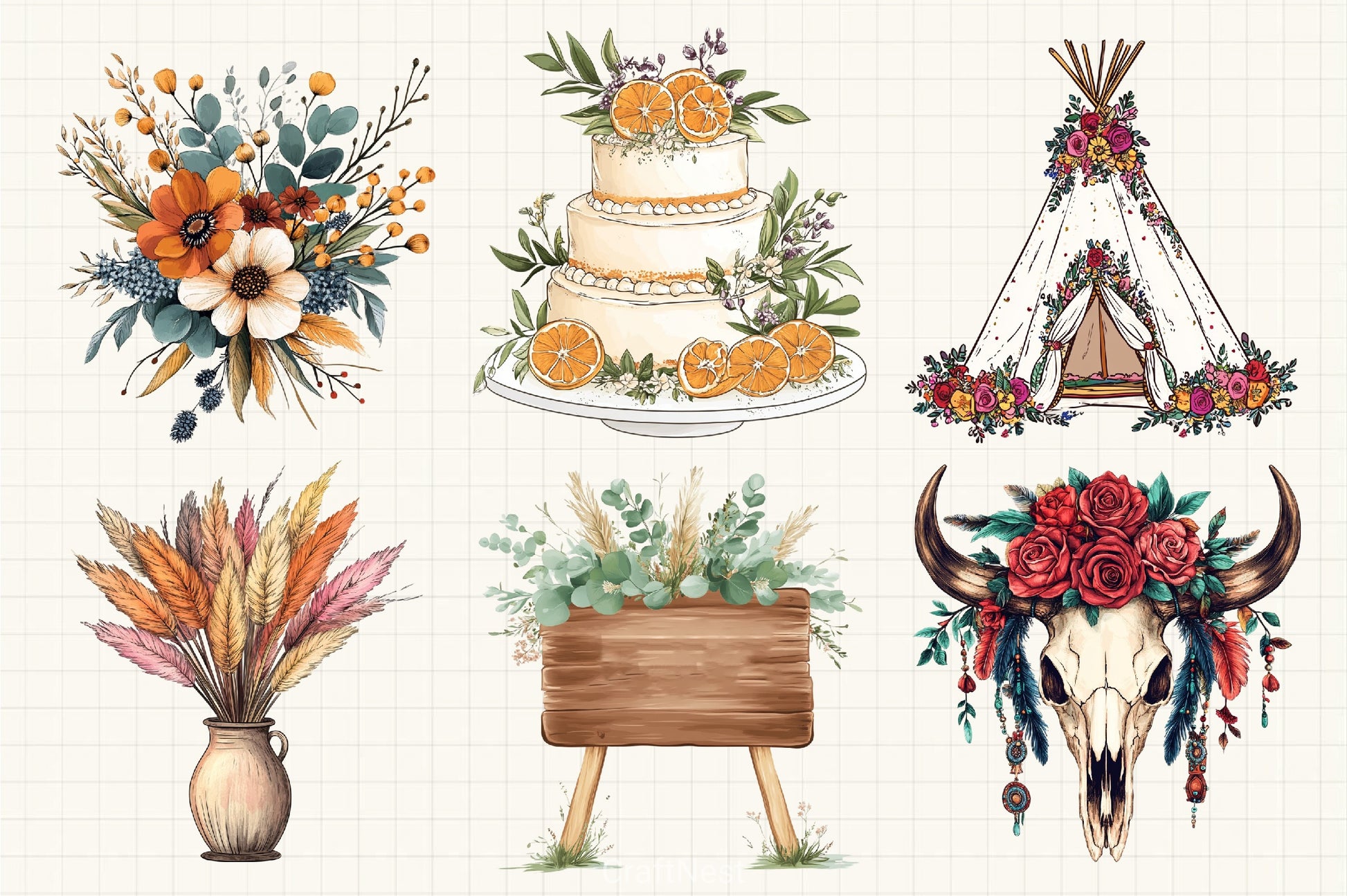 Boho Wedding Clipart Bundle - CraftNest - Digital Crafting and Art