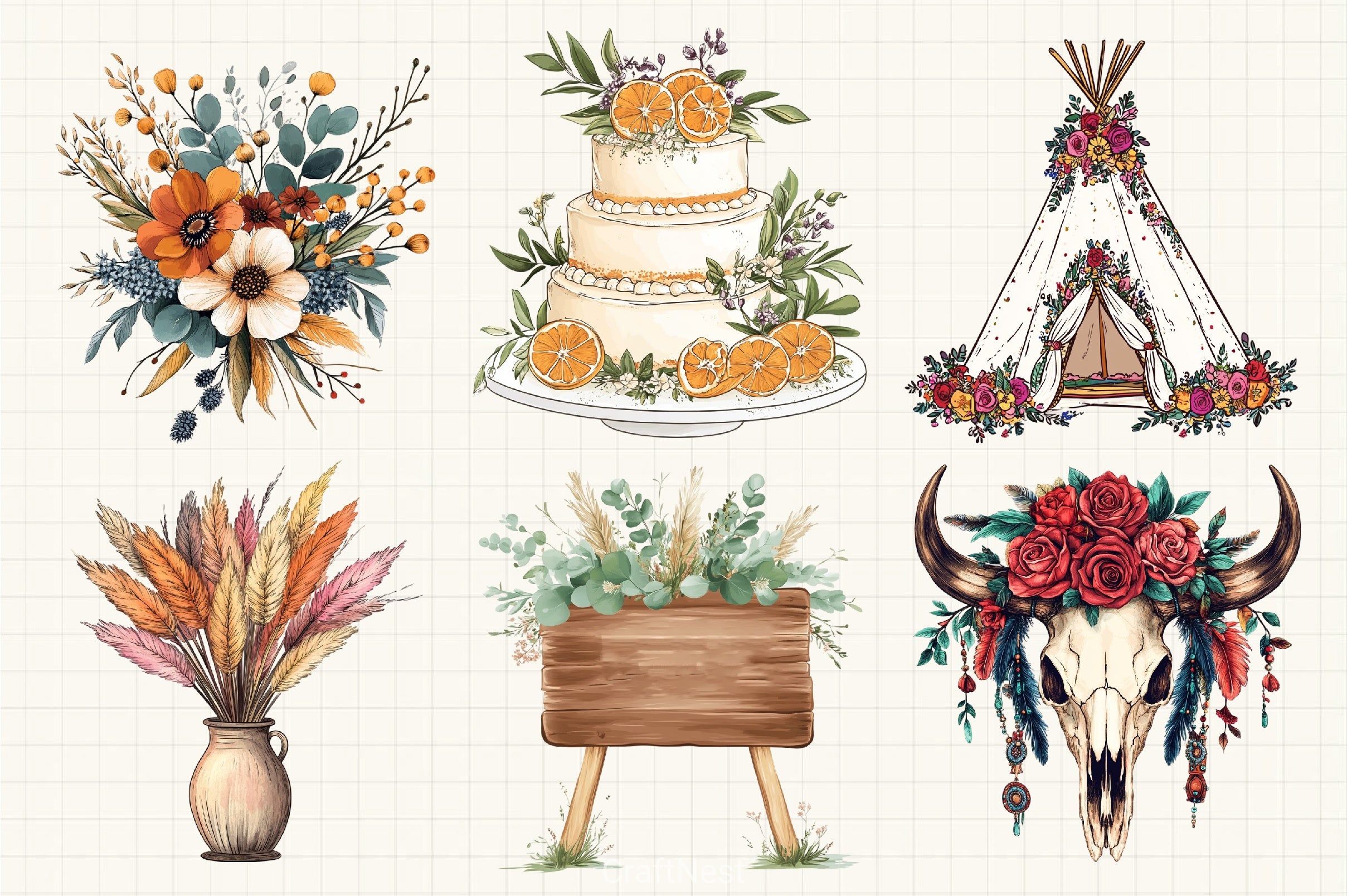Boho Wedding Clipart Bundle - CraftNest - Digital Crafting and Art