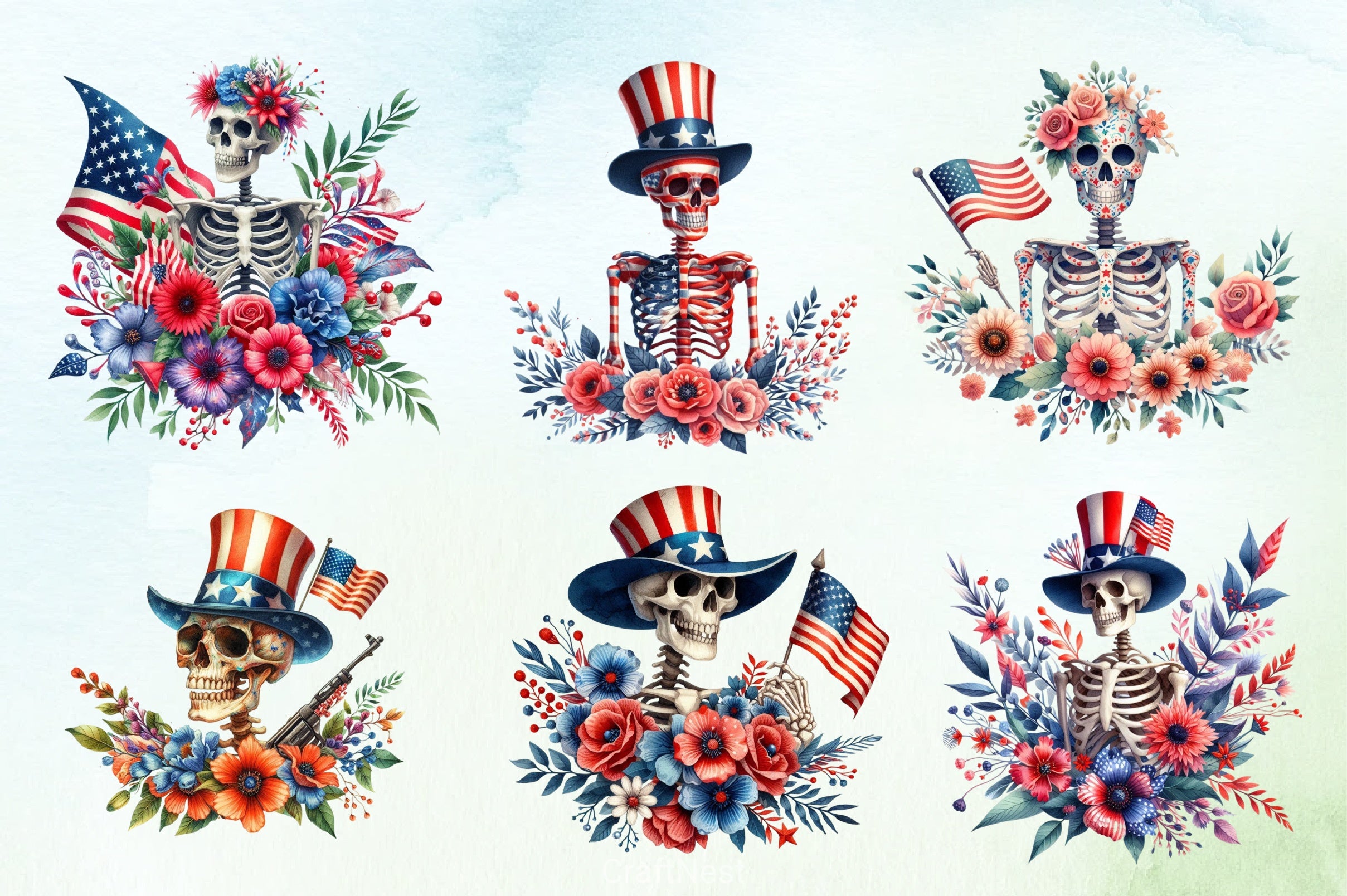 4th of July Skeleton Floral Clipart Bundle 2 - CraftNest - Digital Crafting and Art